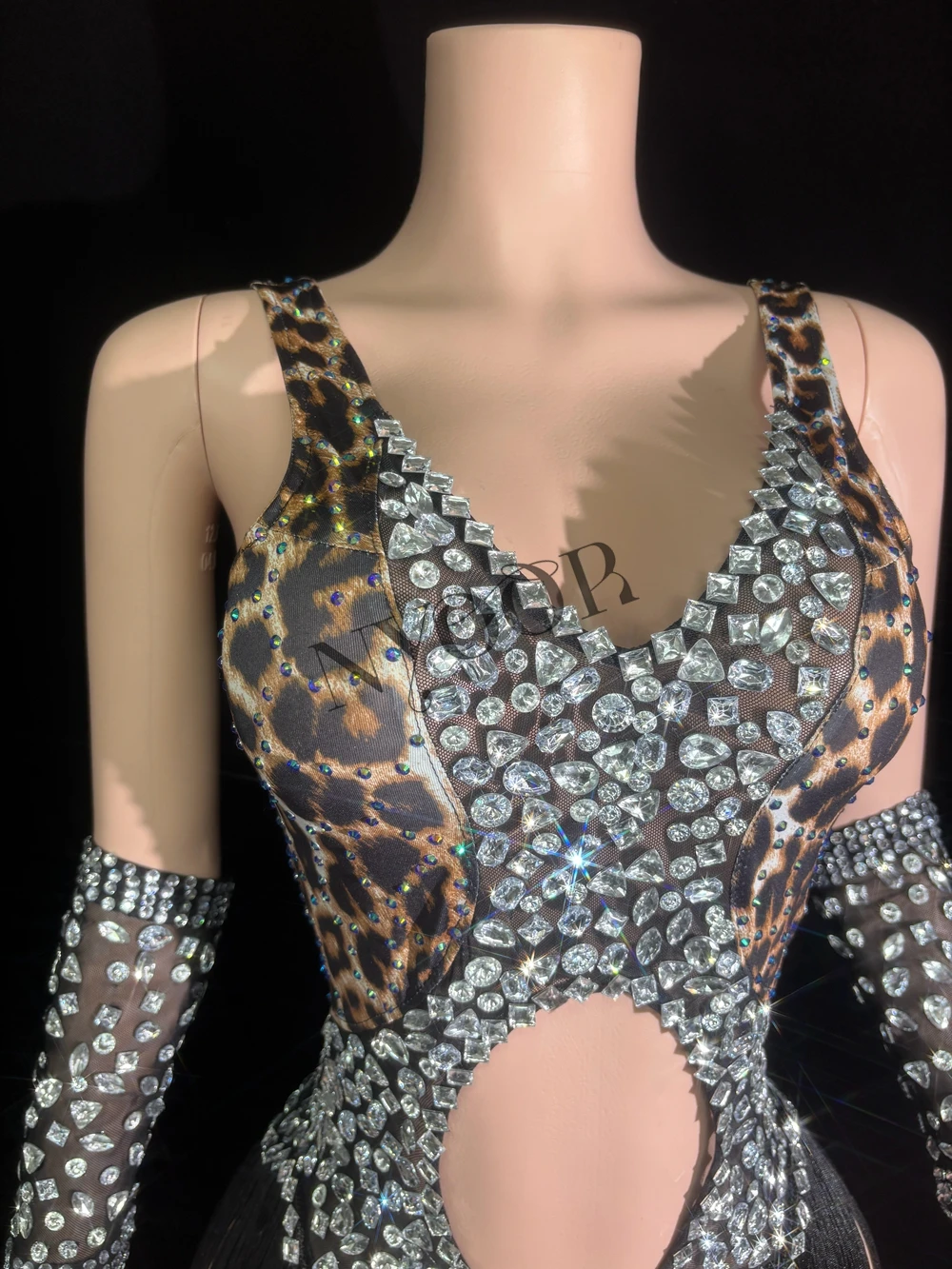 Sparkly Rhinestones Tassels Bodysuit Gloves for Women Sexy Hollow Out Performance Dance Costume Dancer Show Stage Wear