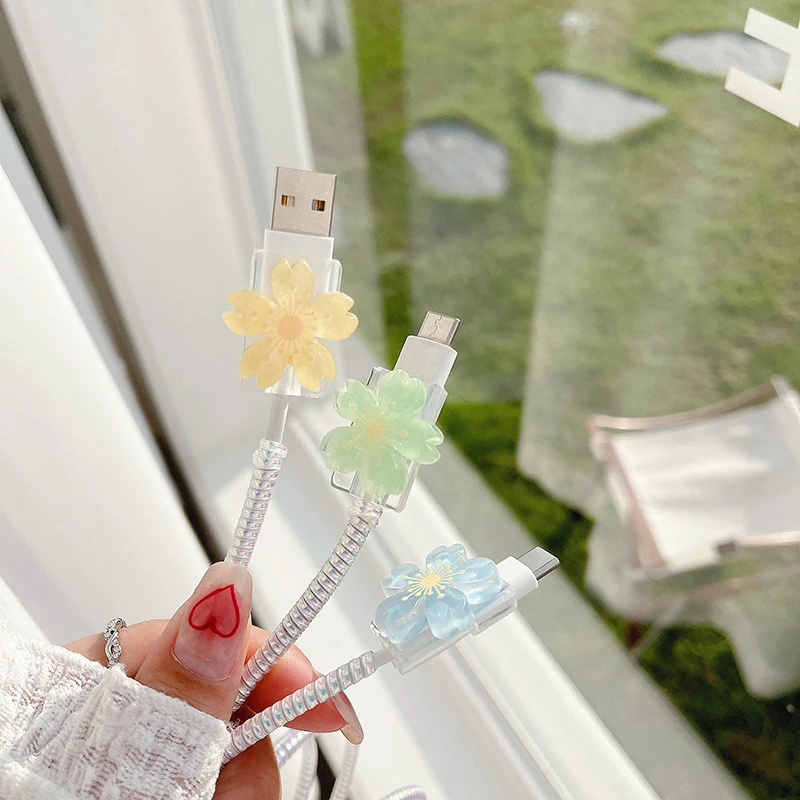 Flowers Charger Protector For Iphone 13 Type-C Cable Android Data Line Cover Organizer Cable Protector Cute Universal
