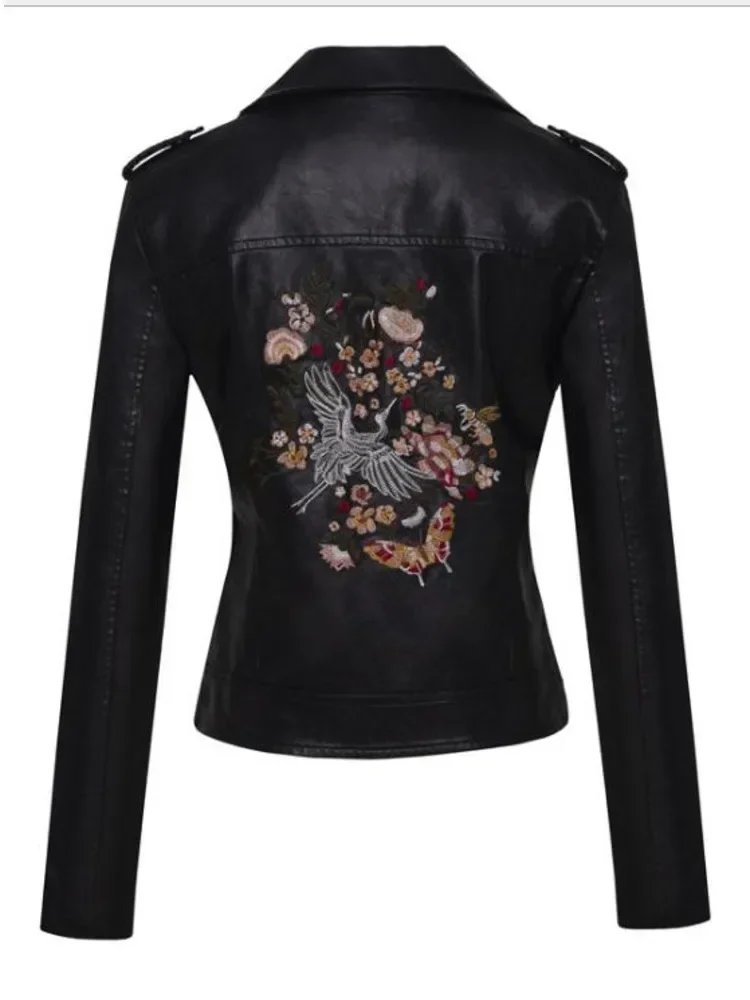 TPJB New Women Patchwork Leather Jackets Flower Embroidery Rivets Short Section Pu Leather Small Jackets Casual Motorcycle Coats