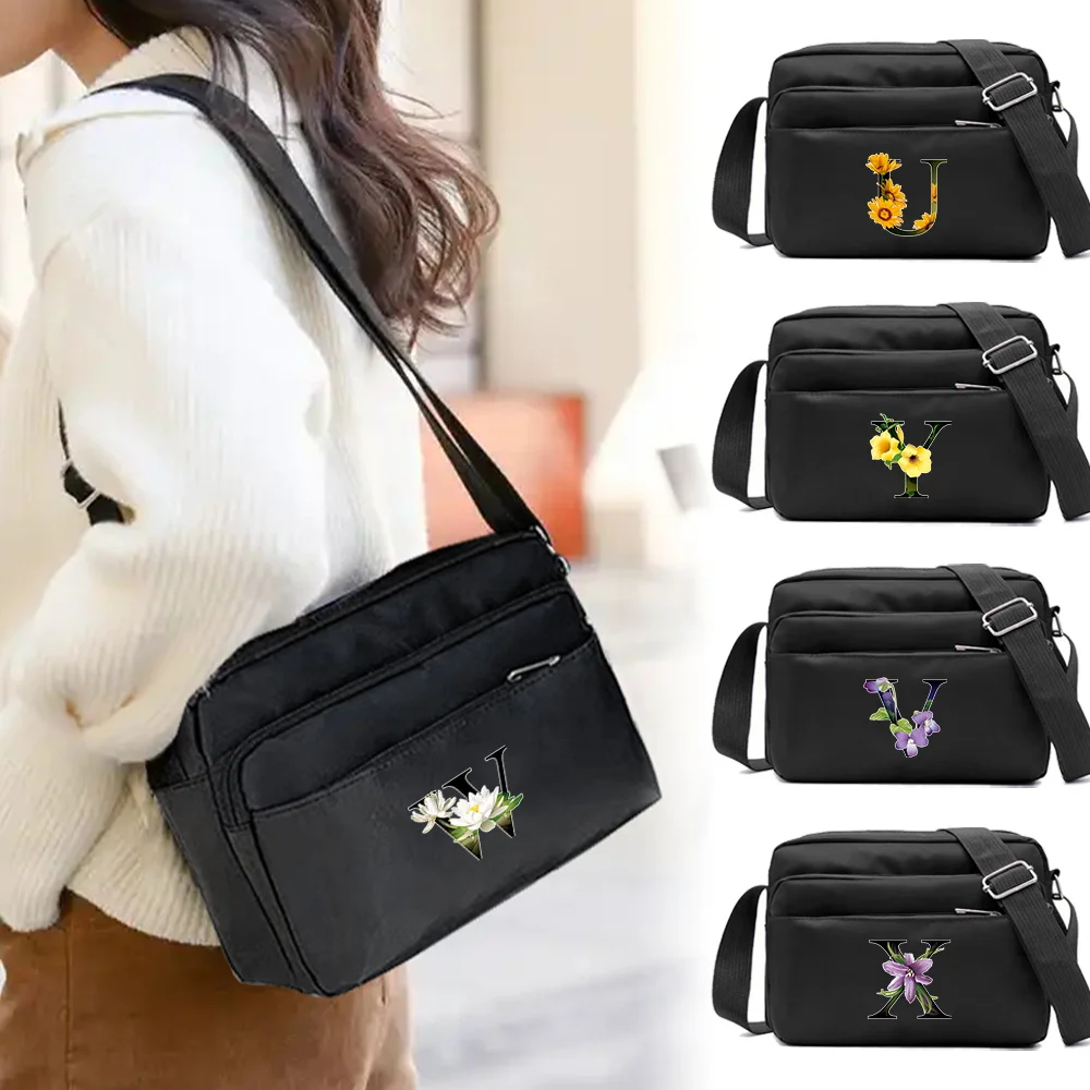 Flower Color Series Printing Pattern New Fashion Multi-layer Travel Leisure Simple Storage Bag Black One Shoulder Crossbody Bag