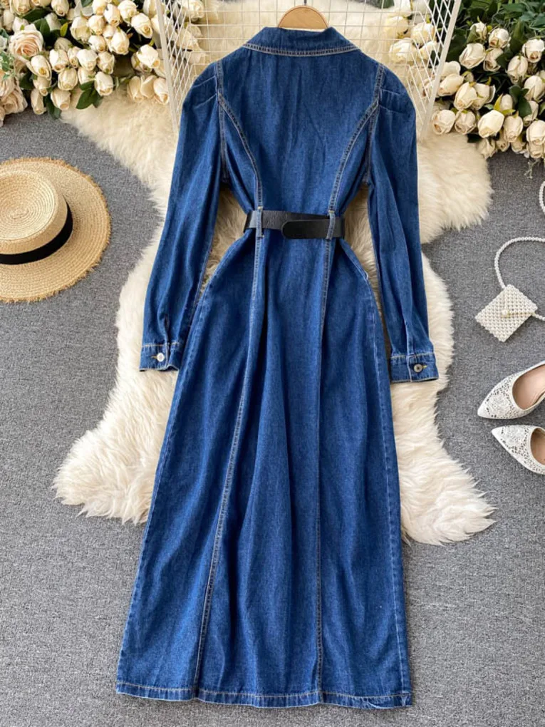 Foamlina Vintage Blue Denim Dress Women Autumn Lapel Collar Full Sleeve Single breasted Korean Work OL Jeans Long Maxi Dress