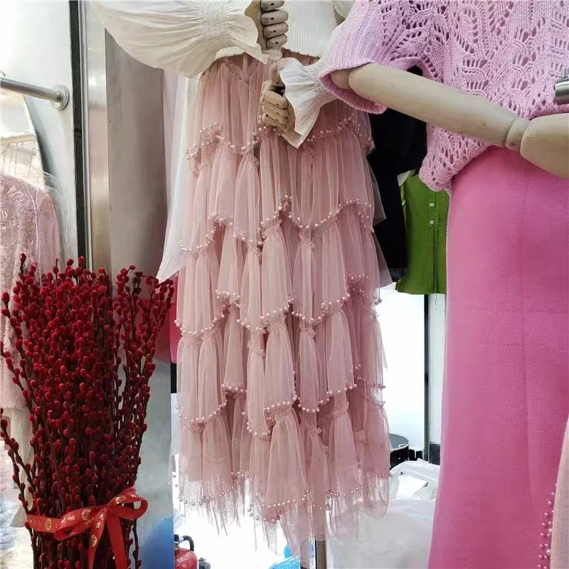 Saia Linha A Metade do Corpo Feminina Ruffle, Saia Longa, Elegante, Versátil, Monocromática, Elástico na Cintura, Moda Feminina, Q933