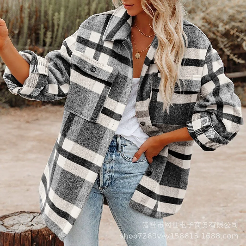 New plaid woolen autumn and winter women\'s clothing warm and comfortable European and American woolen shirt jacket