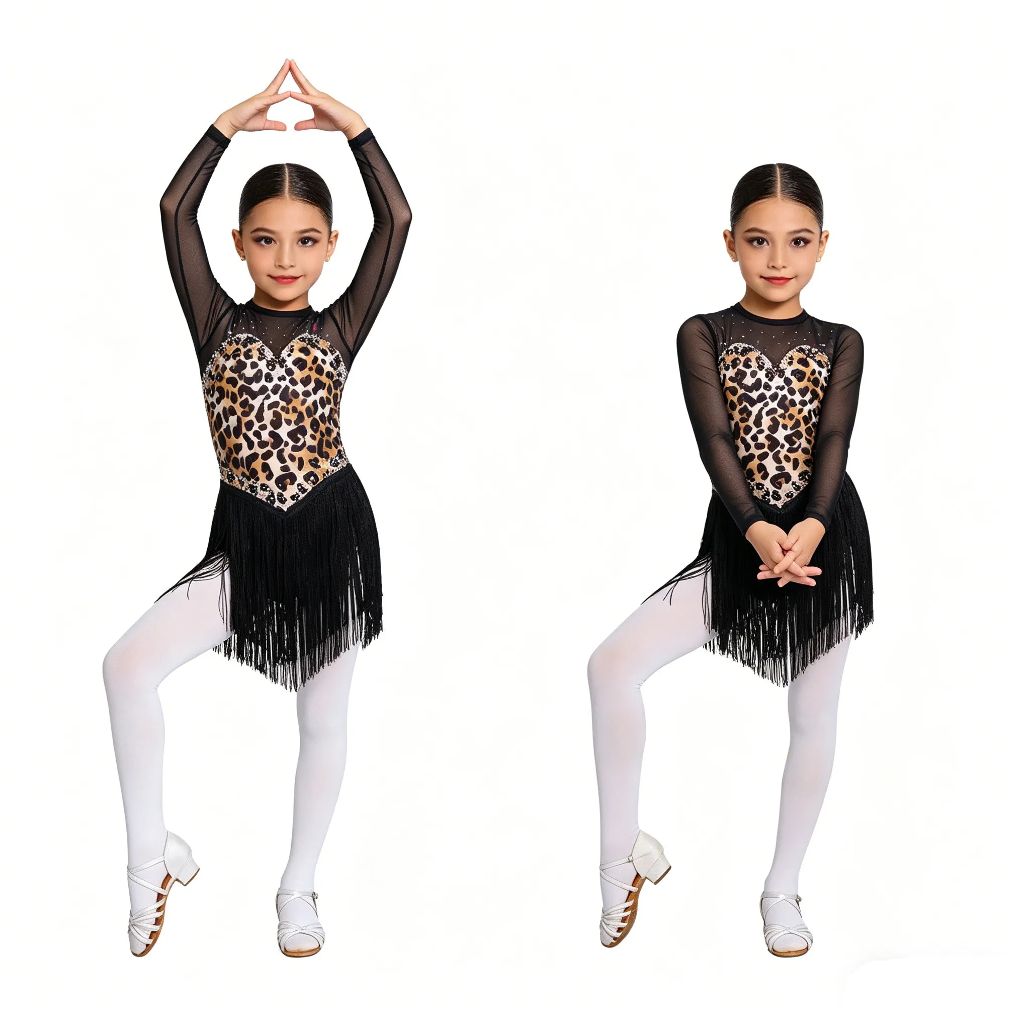 Kids Girls Long Sleeve Leopard Sheer Mesh Rhinestone Tassel Latin Jazz Dance Dress Cha-cha Tango Samba Rumba Salsa Leotard