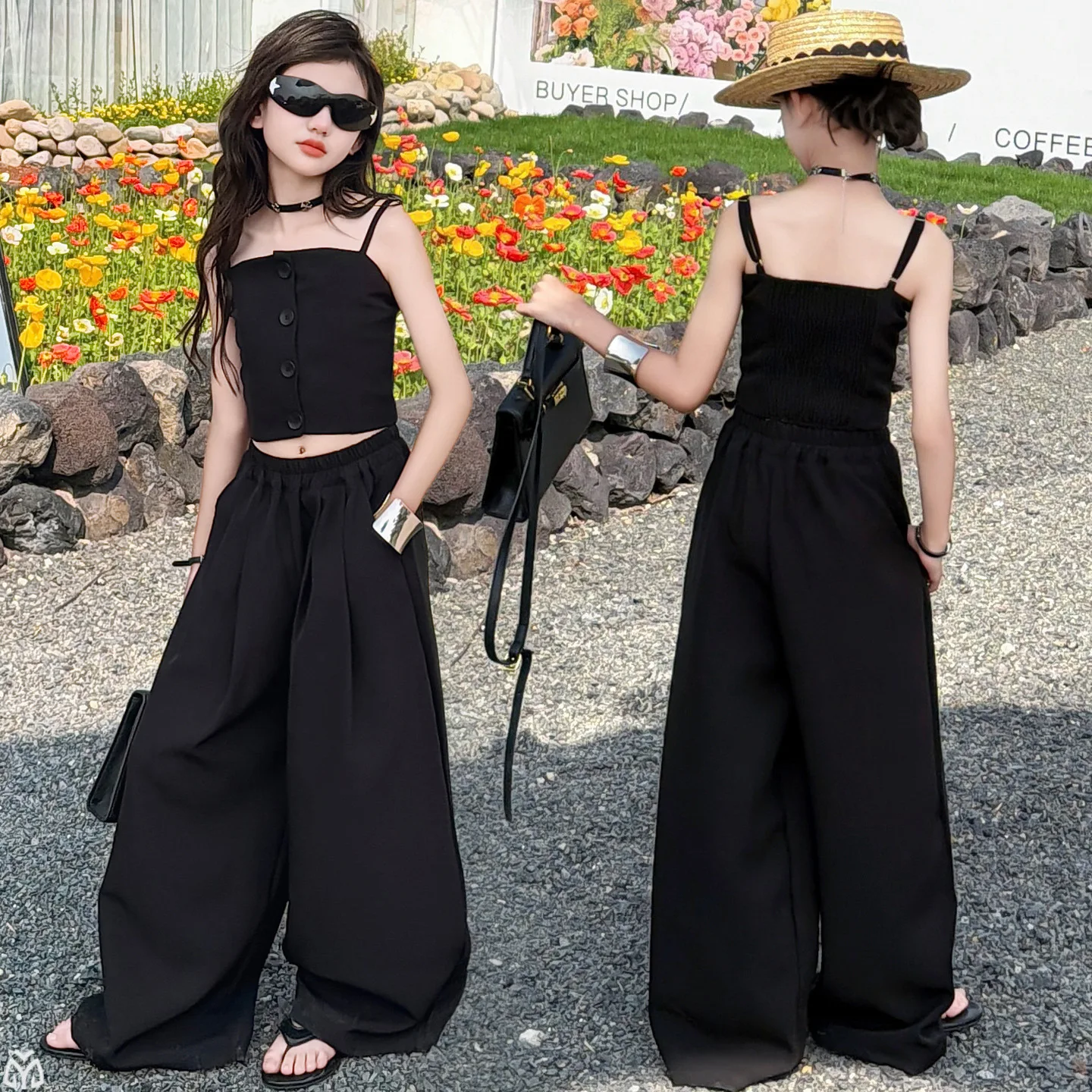 Teenager Girls Korean Style Button Design Vest+Wide Leg Pants Set 2026 Summer Black Slim Fit Cool Streetwear Two Piece Outfit