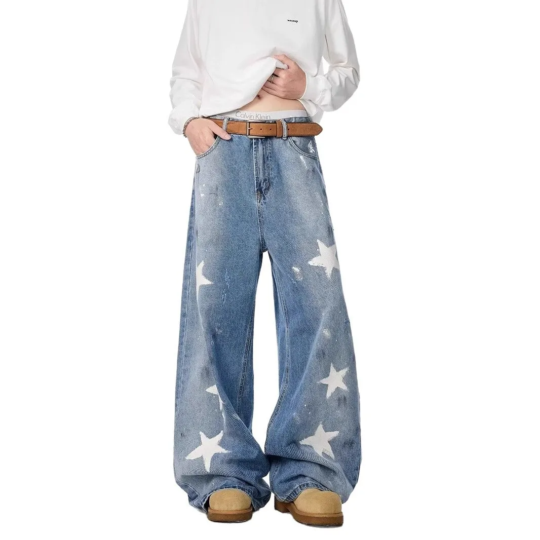 MWJLPWQ جينز عتيق بتصميم جرافيتي خماسية للرجال الهيب هوب خريف جديد ملابس الشارع الشهير بنطلون مستقيم فضفاض 2025 ربيع 11962