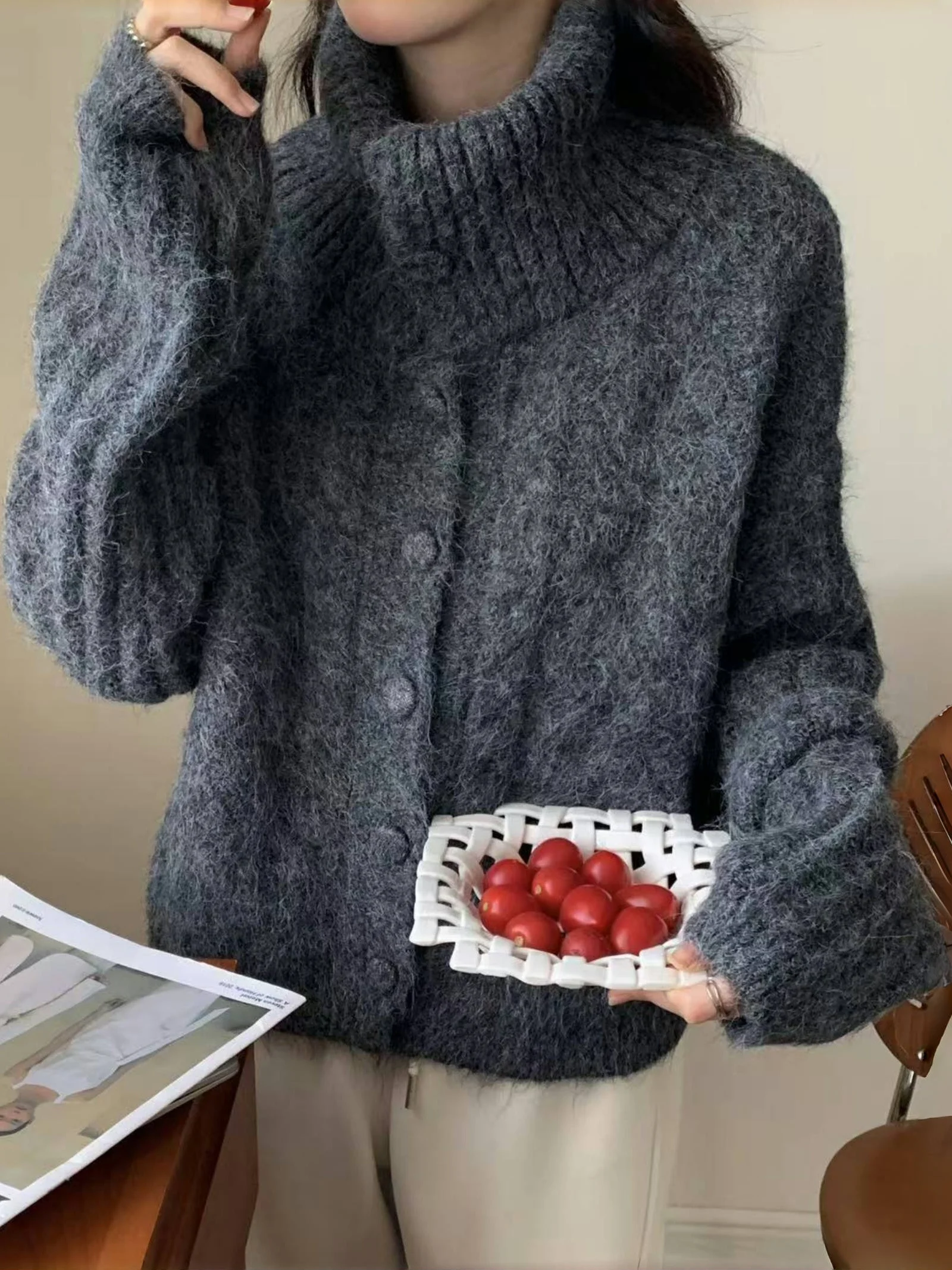 

Вязаный свитер с высоким воротником в стиле ретро, женский осенне-зимний кардиган Thiened Fce ort, мягкий модный ленивый свитер