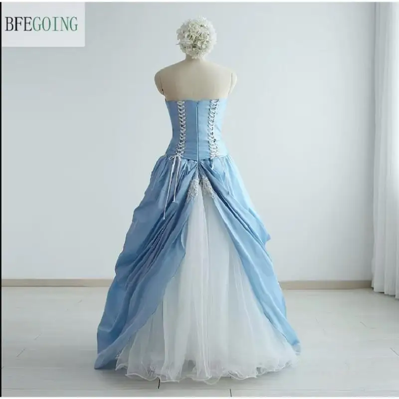 فساتين زفاف على شكل حرف A مخصصة بدون حمالات بطول الأرض بدون أكمام من قماش التفتا تول فساتين الزفاف