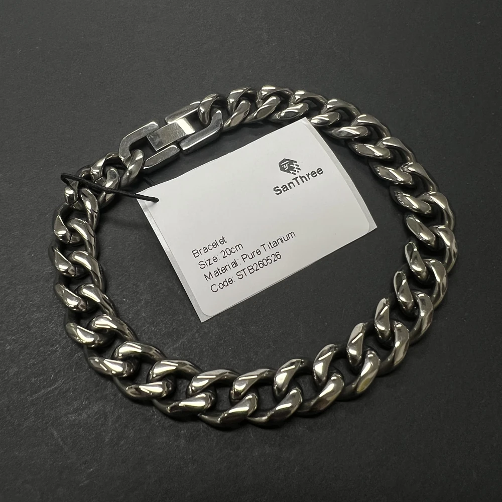 SanThree 9.5mm Wide Pure Titanium Cuban Chain Bracelet New Lightweight Anti Allergy Hip Hop Link Bracelets for Unisex Men Women