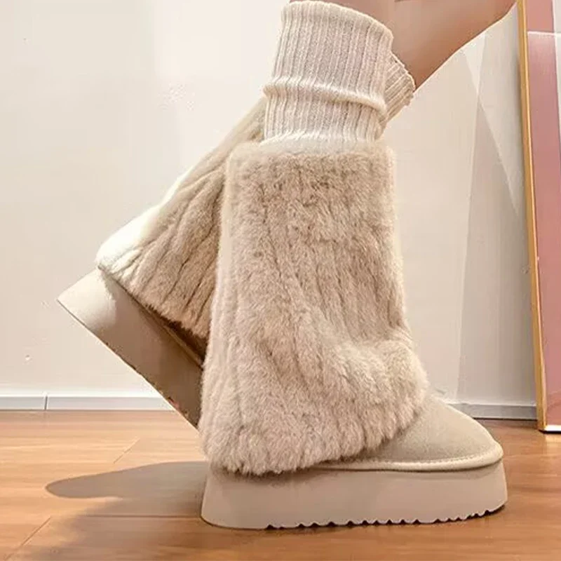 Fur Women Mid Calf Snow Boots Flats Platform Suede Warm Shoes 2025 Trend Short Plush Winter Woman Boots Casual Sport Botas Mujer