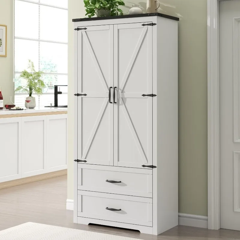 センサーライト付き背の高いファームハウスキッチンキャビネット、2つの大きな引き出しと調節可能な棚付き食品パントリーキャビネット、伝統的なF