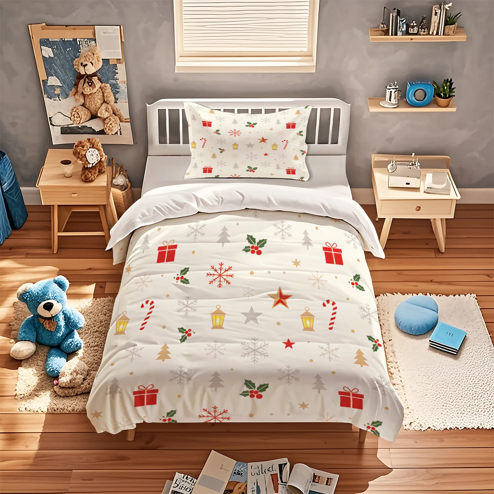 Simple Christmas Duvet Cover Set Gift Box Snowflake Candy Cane Star Lantern Holly Print Bedding Set Quilt Cover With Pillowcase