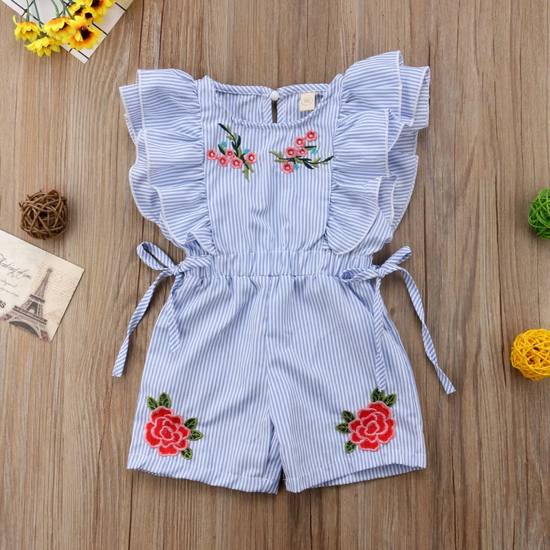 Lioraitiin 0-5Years Kleinkind Kinder Baby Mädchen Blume Streifen Rüsche Romper Overall Outfits Kleidung