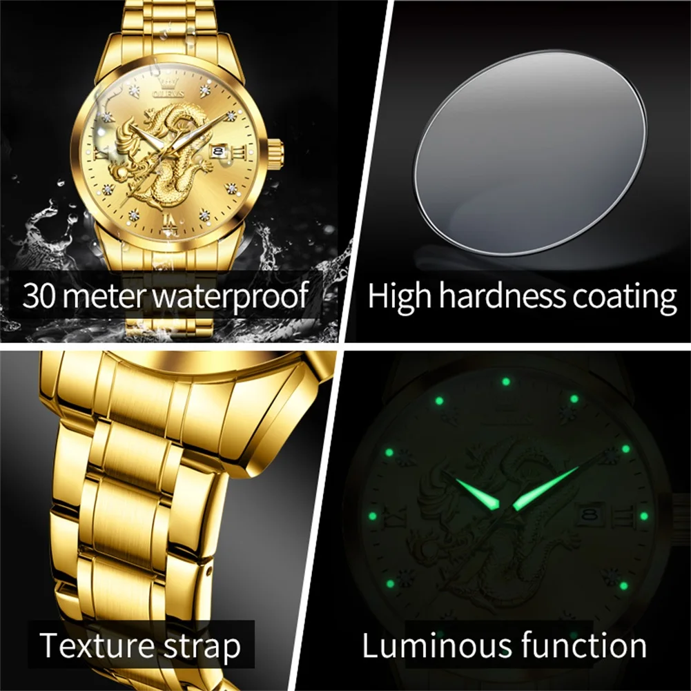 Relojes OLEVS para hombre, reloj de cuarzo Original de marca de lujo para hombre, reloj con fecha luminosa resistente al agua con esfera de dragón China Loong