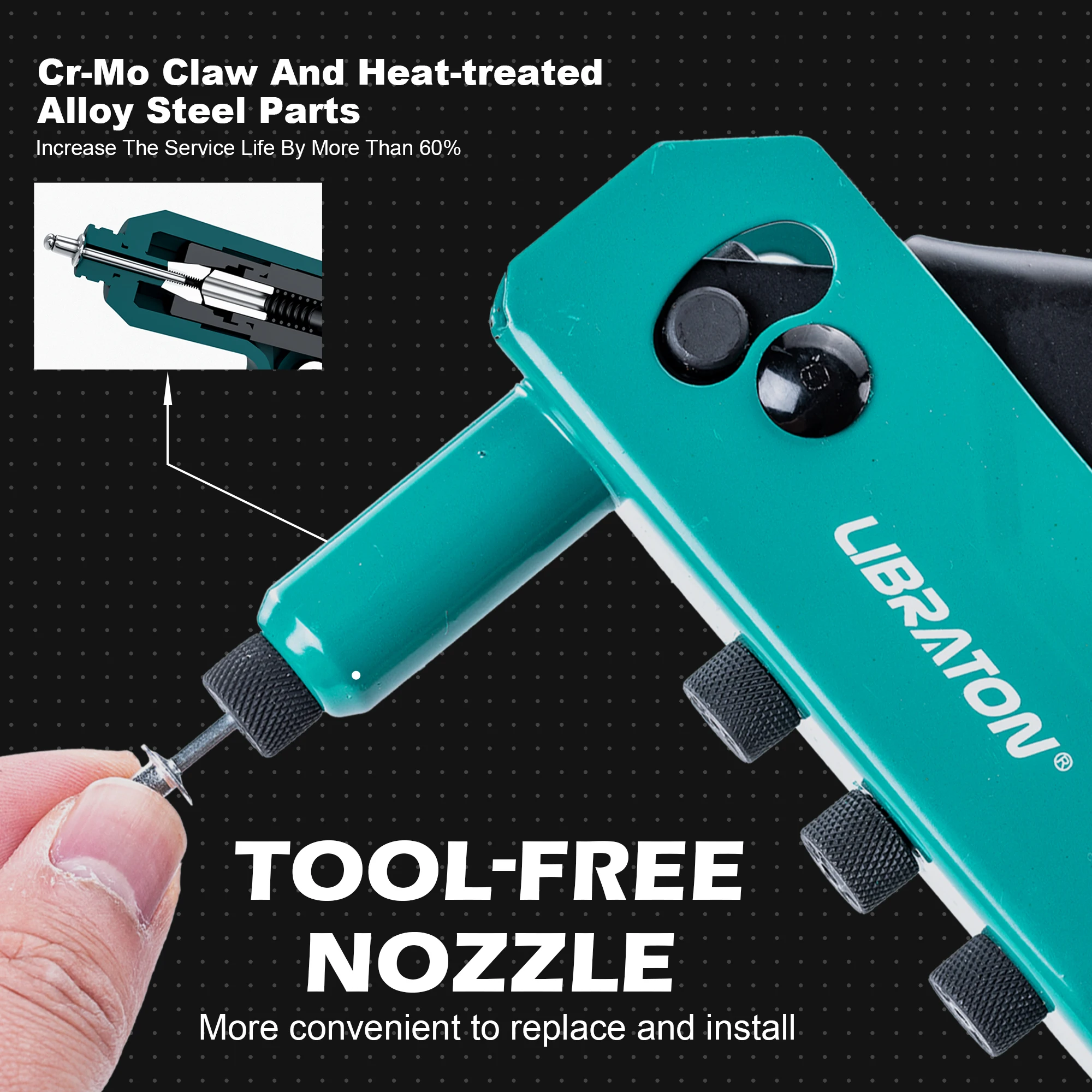 Kit Pistola Rivettatrice Libraton con 130 Rivetti Ciechi, 4 Punte HSS, 4 Teste Rivettatrici Senza Utensili, Rivettatrice Manuale per Lavori Pesanti