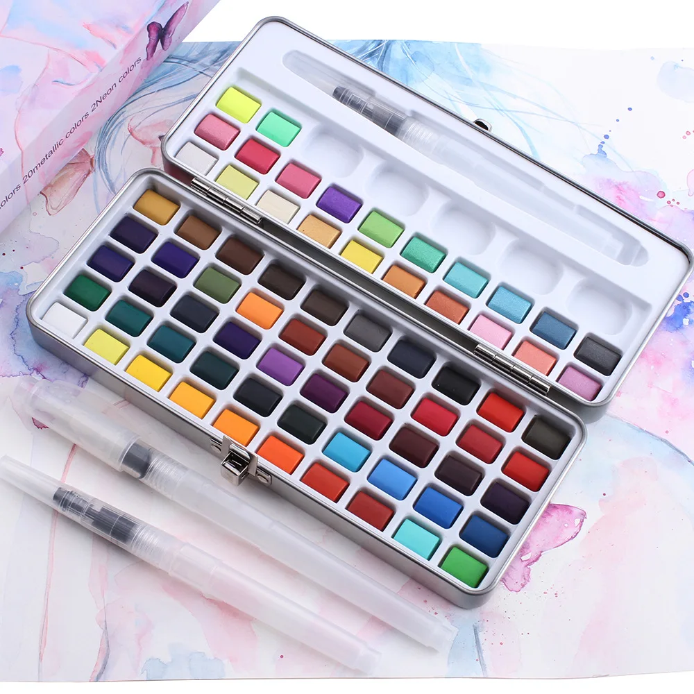 72colors Water Color Paint Set with Water Brush Iron Box Watercolor Metallic Fluorescent Color Art Supplies Aquarelle Peinture