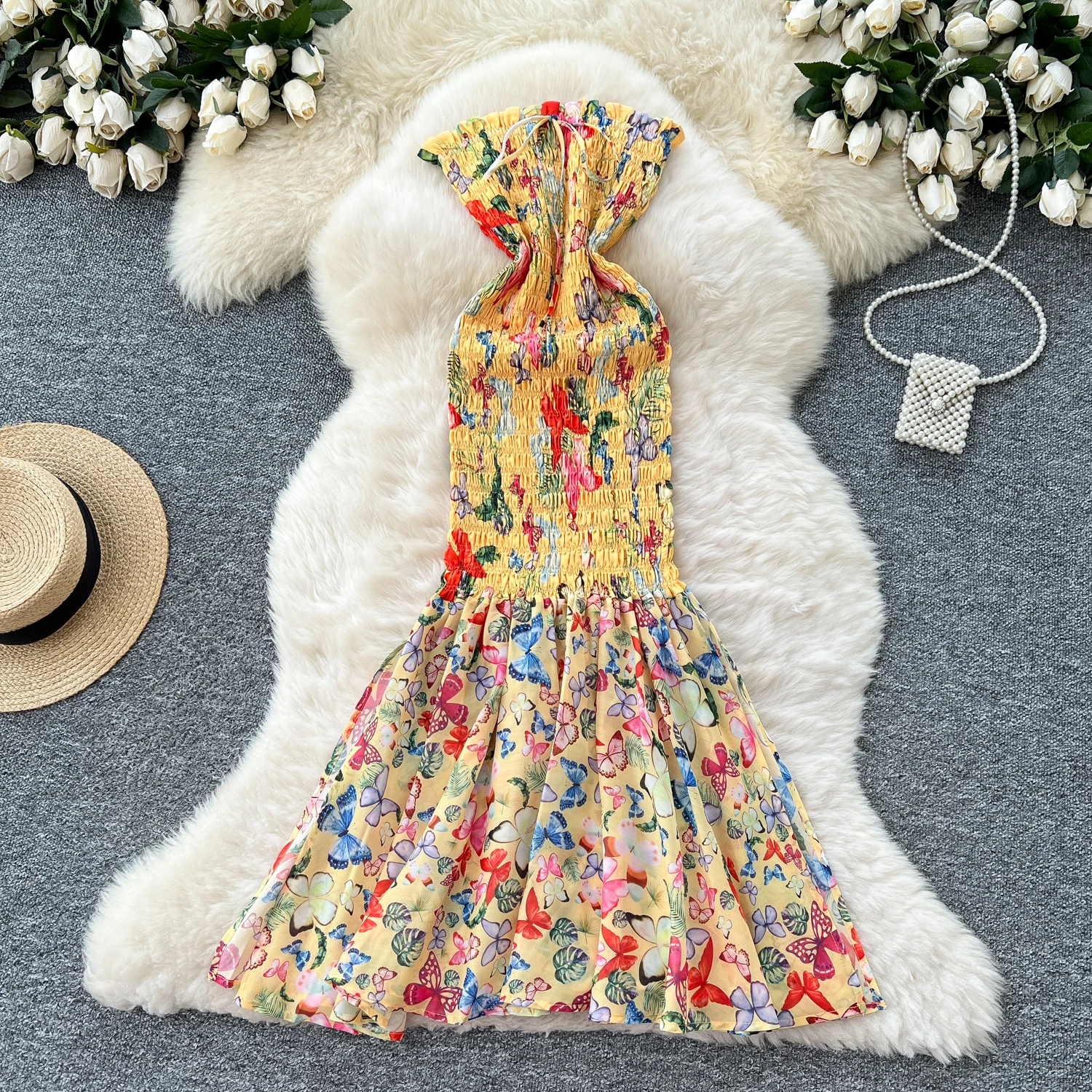 

Butterfly Print Strapless Beach Dresses Women Sleeveless Slim Long Mermaid Dress Seaside Holiday Pretty Sundress