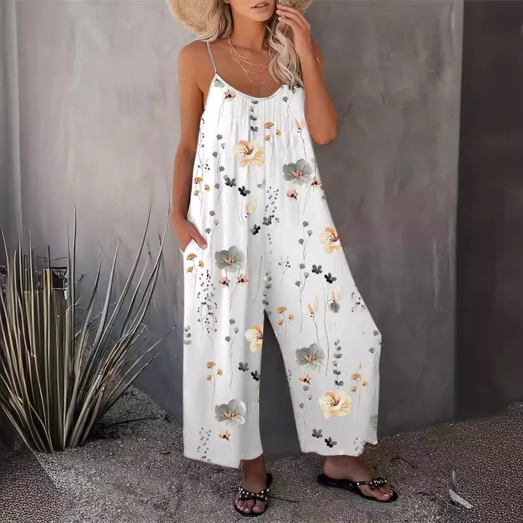 Womens Casual Print Jumpsuits Wide Leg Loose Jumpsuits Sleeveless Suspender Jumpsuits with Pockets Summer Vacation Clothes