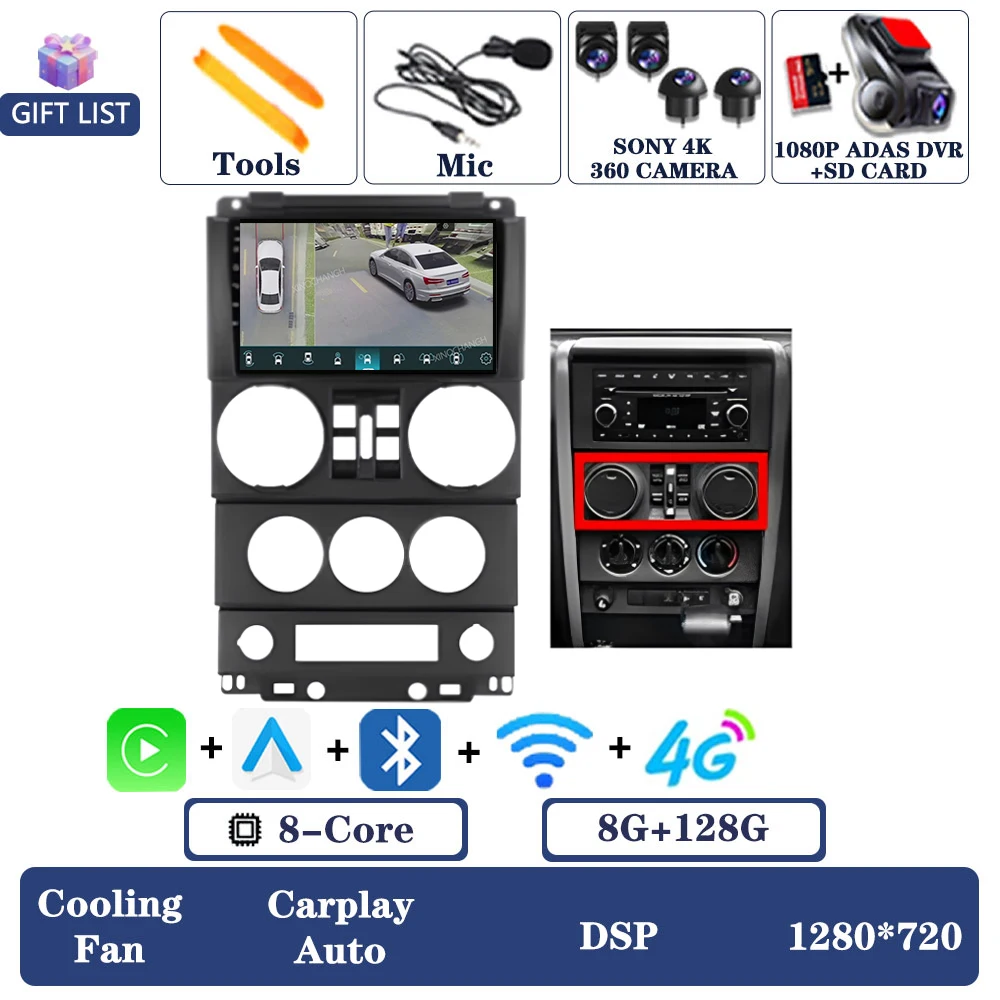Android 16 autoradio voor Jeep Wrangler 3 JK 2008 - 2010 QLED multimediasysteem videospeler 2DIN Qualcomm 4G LTE 5G WIFI BT GPS