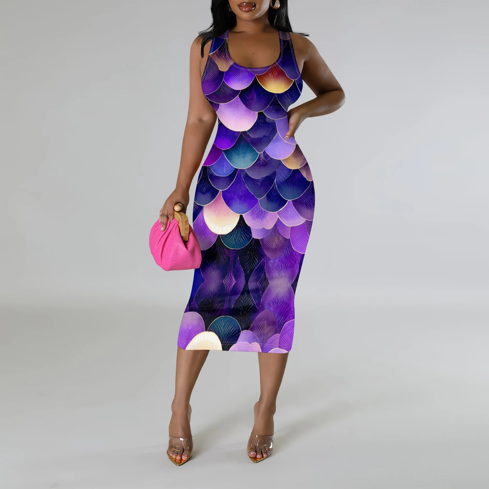 

Purple Mermaid Scale Print Midi Dress XS‑3XL Sleeveless Bodycon Style for Pride Festival, Music Party or Summer Date Night Look