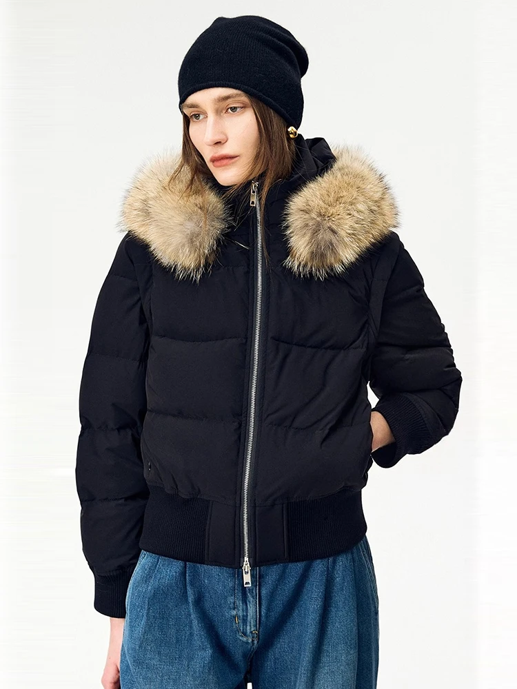 

Natural Wolf Fur Collar Hooded Goose Down Jacket for Women High-end Simple Sleeves Detachable Design Slim Short Winter Down Coat