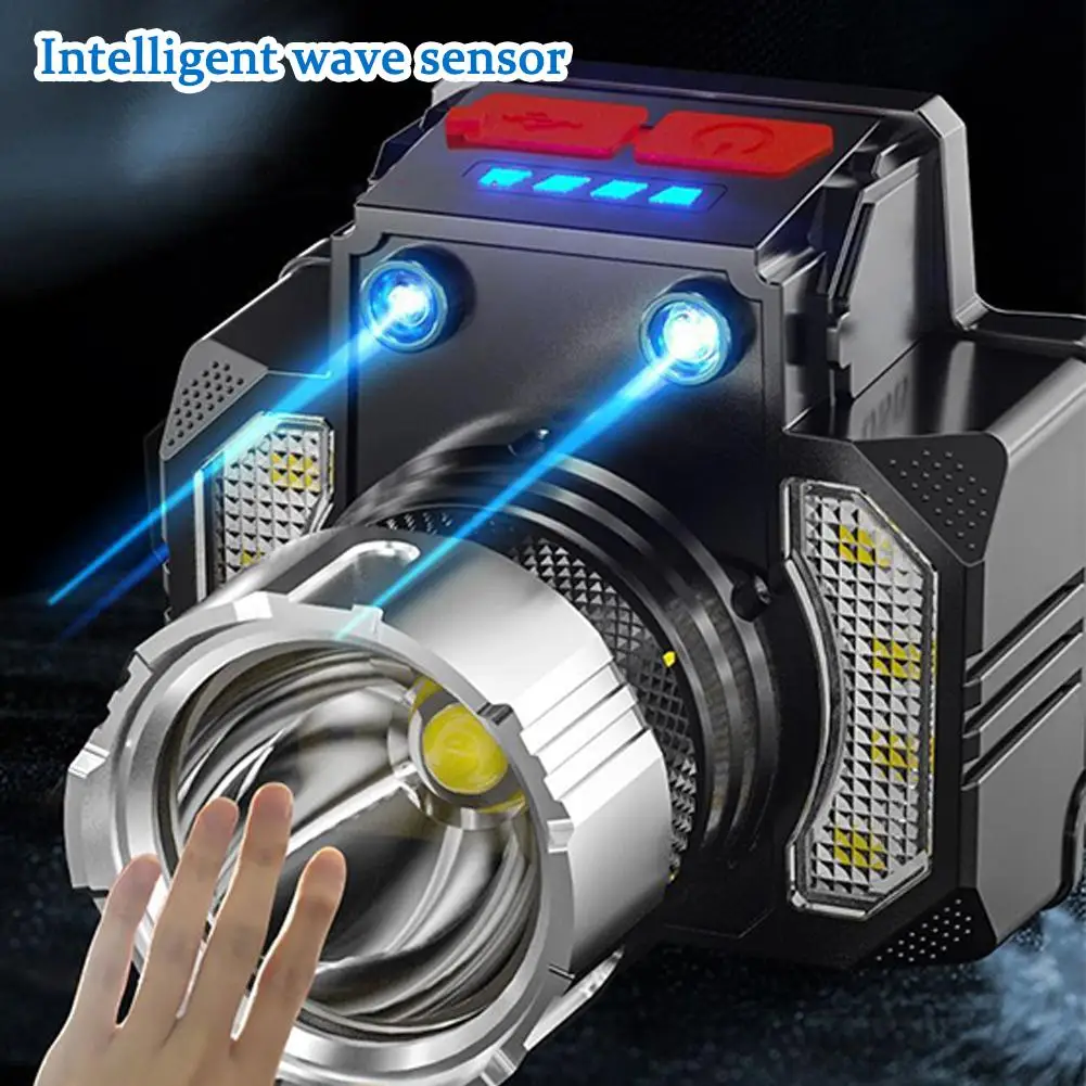 Faro de inducción para exteriores, pesca, recargable por USB, 1200mAh, faro de emergencia, resistente al agua, luz fuerte, Sensor de movimiento L2V9