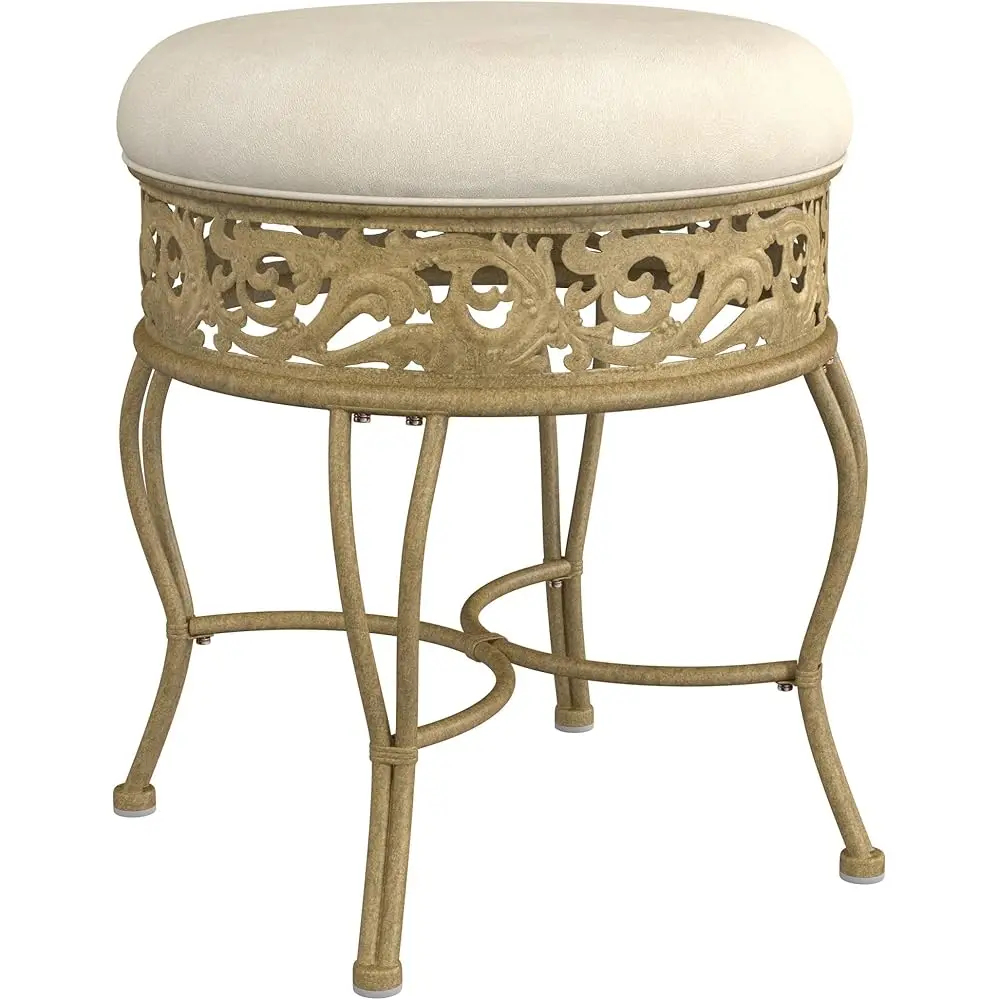 

, Villa I Backl Metal Vanity Stool With Ornate Lattice Detailing, Antique Beige
