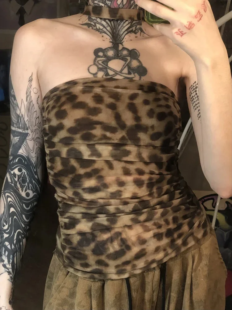 المرأة ليوبارد طباعة تول Ruched مشد المحاصيل الأعلى خمر الرسن عارية الذراعين تصميم مثير الصيف حزب قمة الموضة