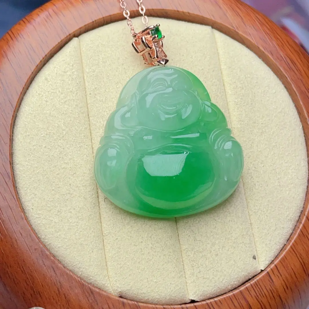 Jadeite glutinous seed white background blue Buddha male Buddha male pendant jade hand-carved versatile to protect your safety