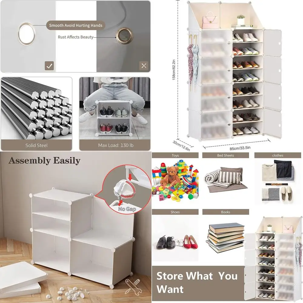 

Портативная раскладная подставка для обуви с держателем для ключей, вмещает 32-64 пары, 2x8 ярусов, белая