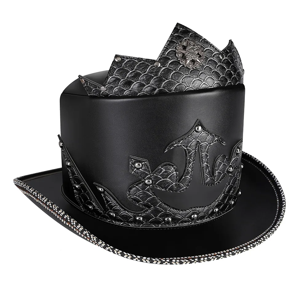 Performance Gentleman Fedora Streampunk Pu Leather Black Patchwork Rivet Crown Decorative Cap Plague Doctor Dome Magic Hat