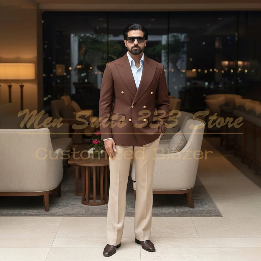 

Straight Men's Suits For Wedding 2026 Luxury Double Breasted Peak Lapel Ling Blaze Shoulder Pads Slim Fit 2 Piece Jacket Pants