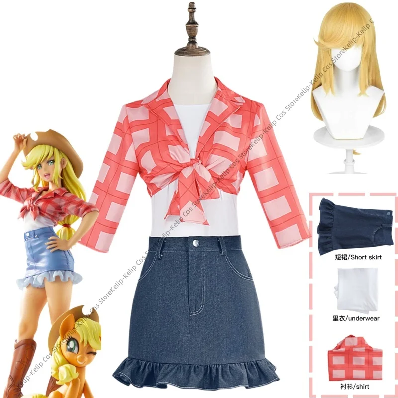 

Anime Pony Applejack AJ Cosplay Costume Cowgirl Suit Blonde Wig Sexy Girl Women Hight Quality Holloween Customized