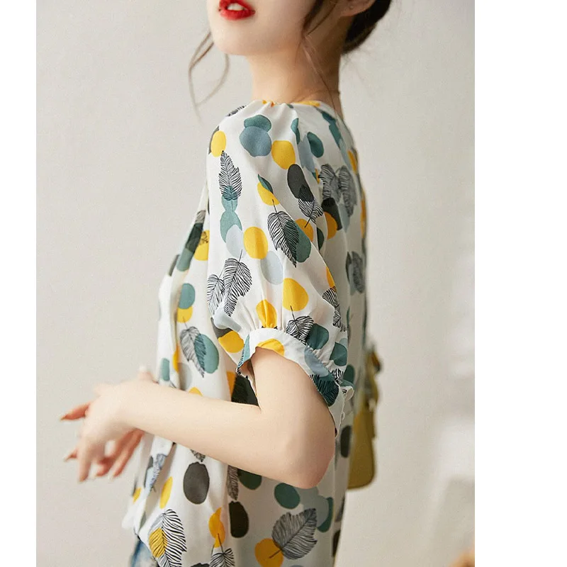 Fashion Printing Summer Loose Unique Sense of Design Blouse Women New Classic Half Sleeve Slim O-collar Office All-match Shirt