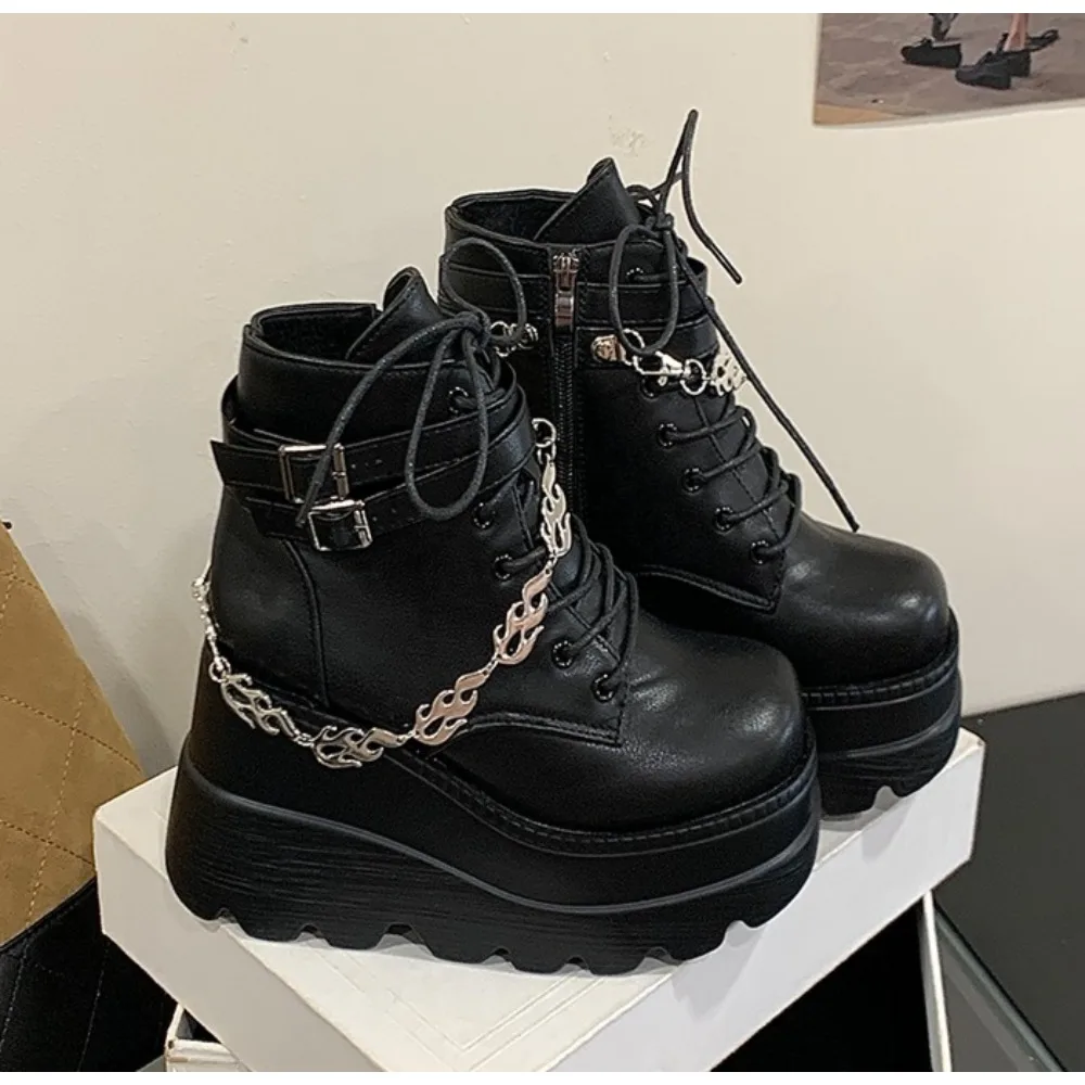 

New 10cm Women's Pu Leather Ankle Boots Women Autumn Winter Round Toe Lace Up Shoes Woman Motorcycle Platform Botas Gothic Shoes