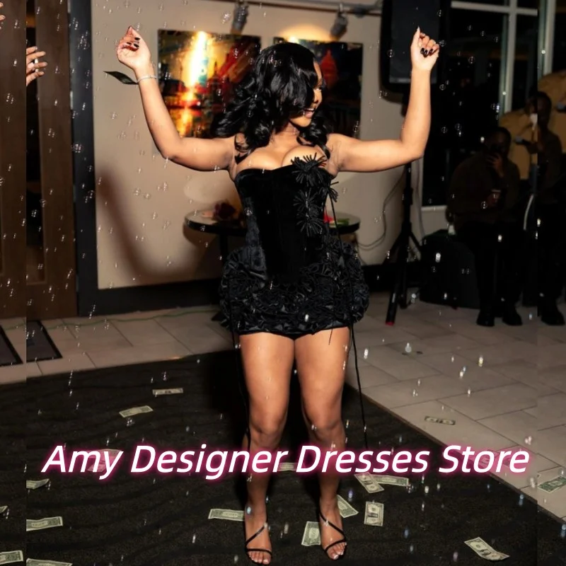 

Luxury Black Velvet Halter Prom Dress Mini Birthday Dress With Tiered Ruffles Nigerian Party Dresses Cockatil Gowns Customized