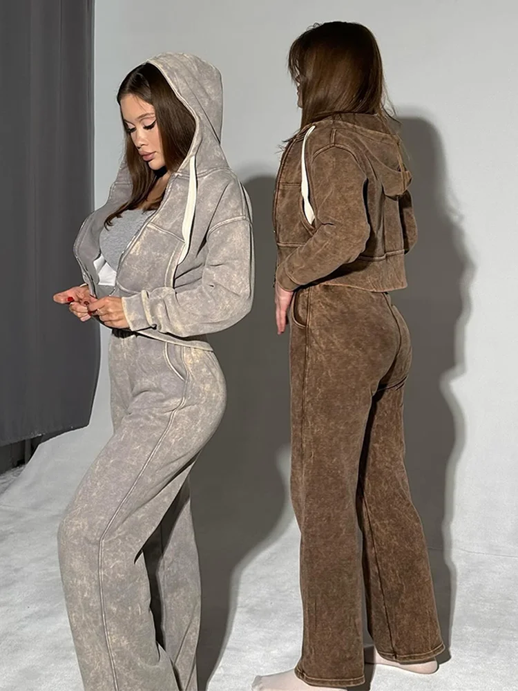 Absobe Distressed Hoodie Pants Two-piece Set Women Hooded Zipper Crop Coat Straight Trousers Leisure Suit Autumn 2024 Streetwear