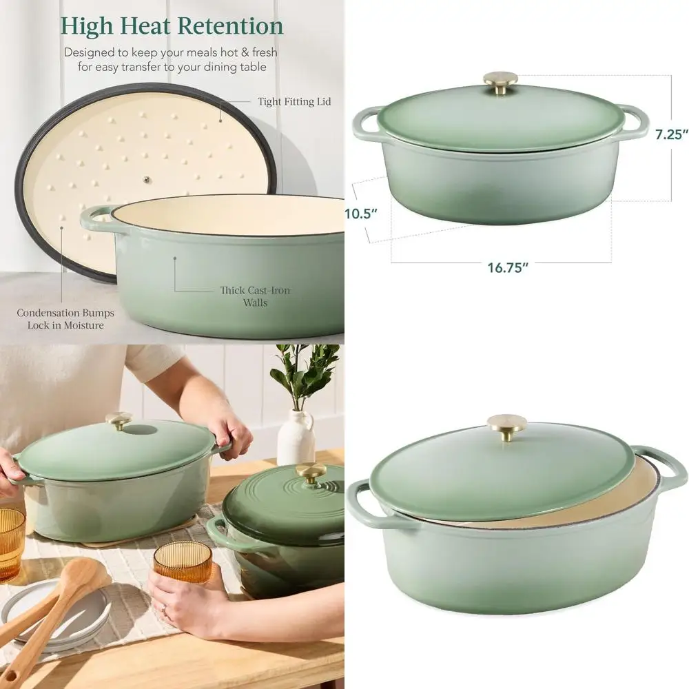 

Oval 7.5 Quart Enamel Cast-Iron Dutch Oven, Heavy-Duty Pre-Seasoned for Baking, Cooking w/Side Handles – Sage Green
