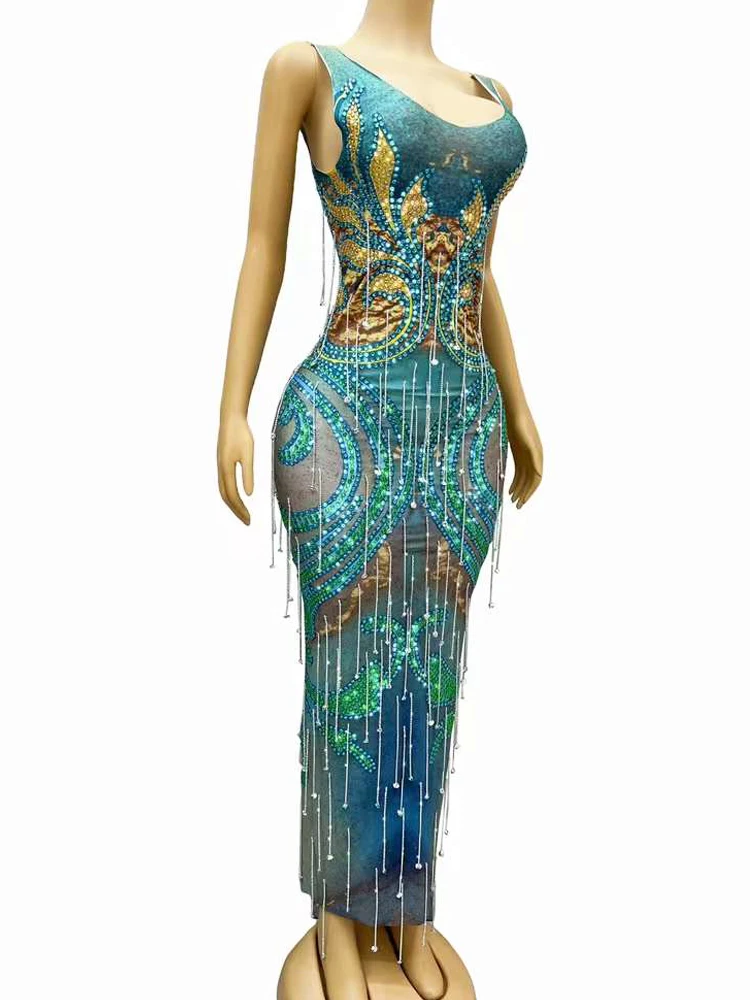 Sparking Rhinestones Tassels Women Long Evening Dress Luxury Party Elegant Wear Photo Shoot Show Club Outfit Sing Stage Costume