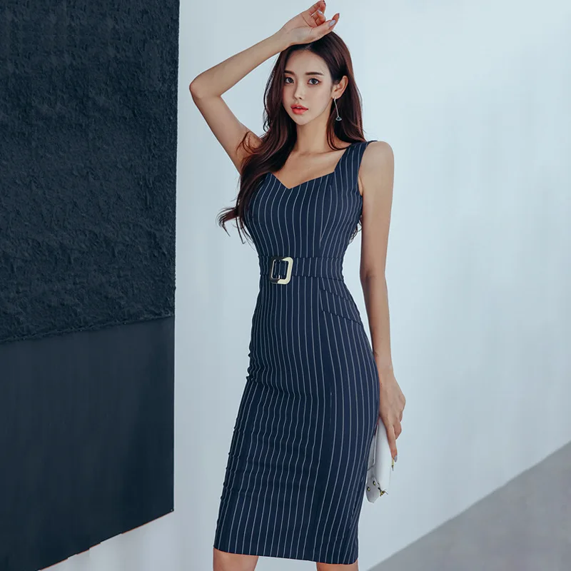 

Striped elegant retro pencil skirt women's summer slim fit belt decoration tight fitting dress OL office party women's clothing