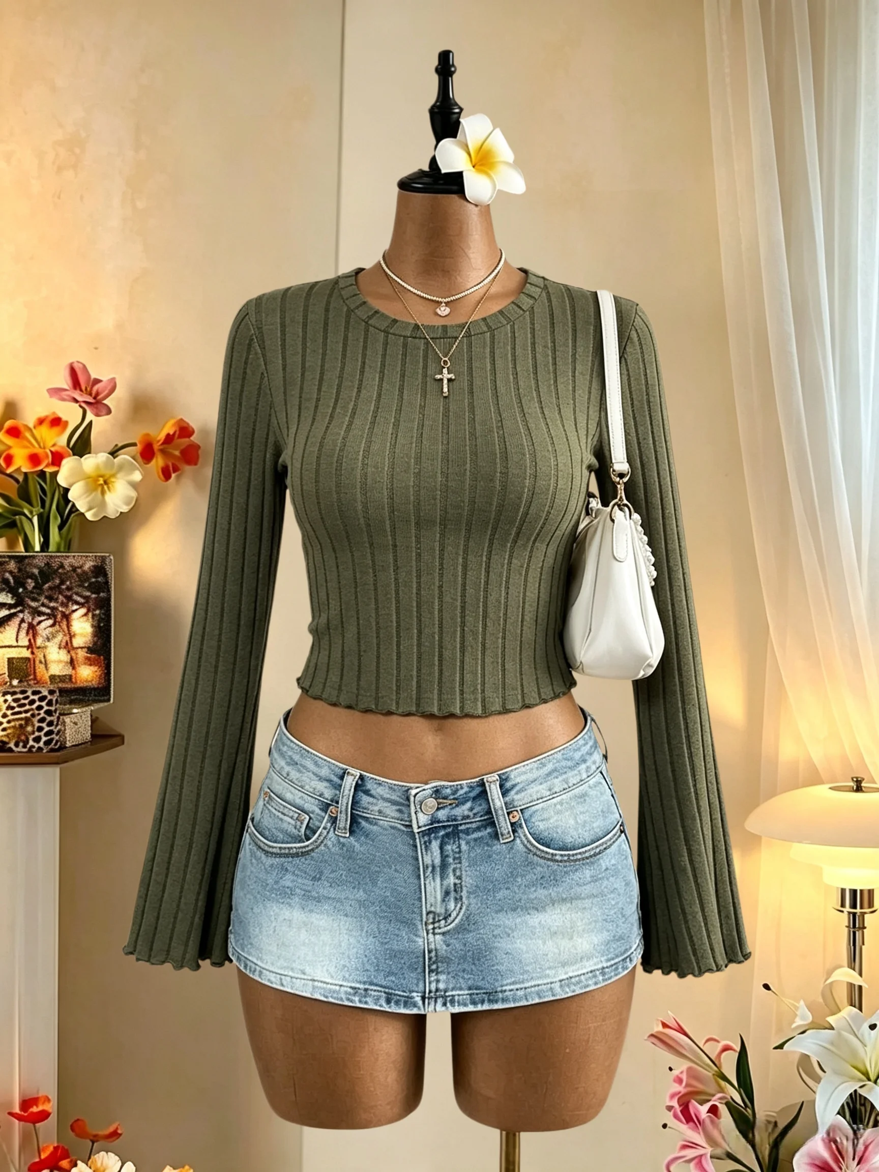 Women Vertical Ribbed Knit Crop Top Crew Neck Flare Long Sleeve Ruffle Edge Slim Fit Cropped T‑Shirt Casual Daily Streetwear Top