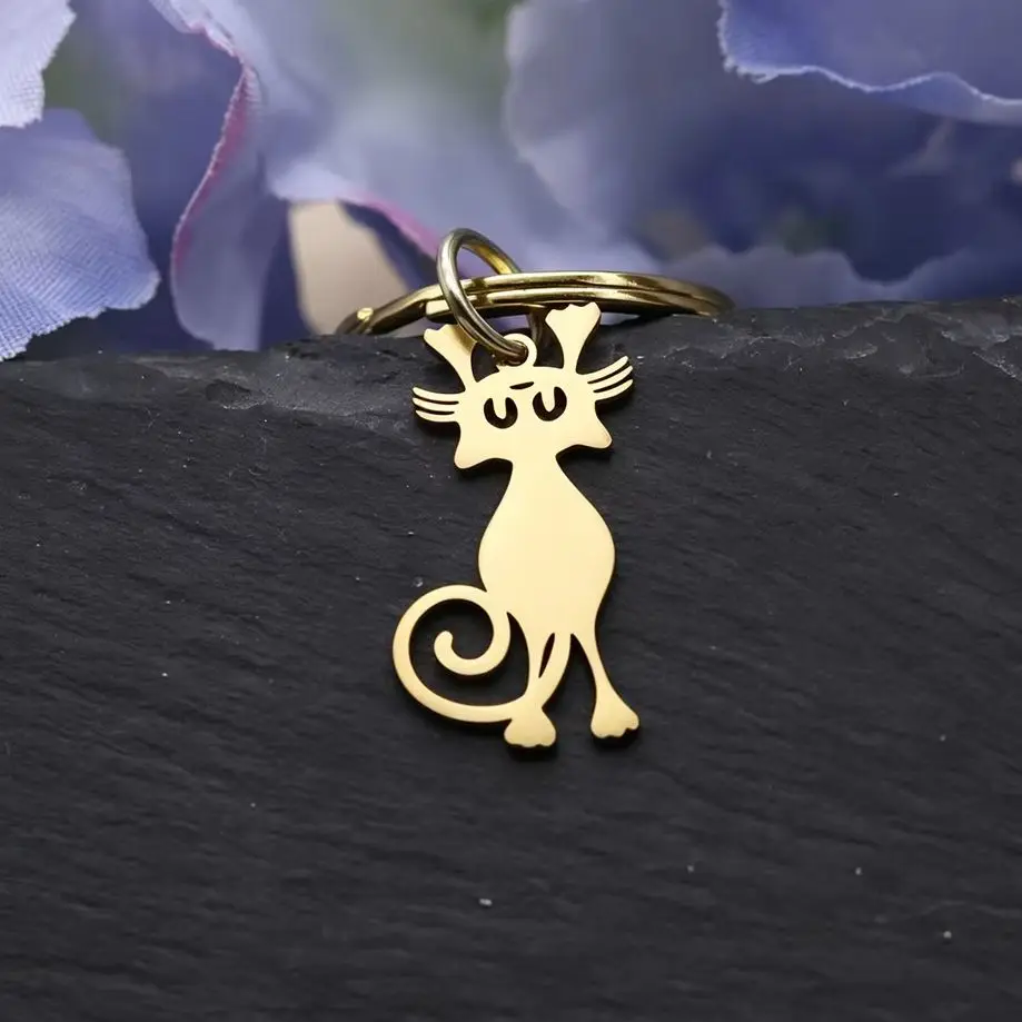 Todorova Sassy Curly Tail Cat Keychain, Stainless Steel Elegant Kitty Pendant, Fun Pet Valentine Couple Accessory Charm