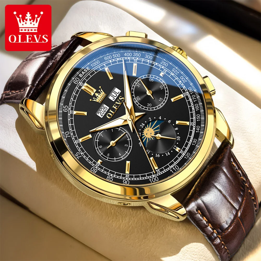 OLEVS 7117 Classic Men Mechanical Movement Watch Moon Phase Day Window Luminous Function Waterproof Leather Strap Watch For Men
