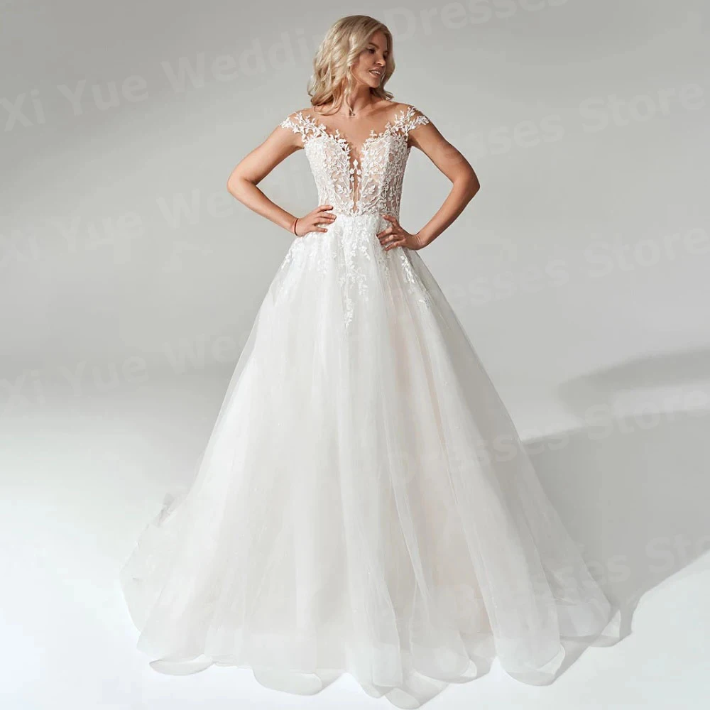 Luxuoso uma linha vestidos de casamento feminino elegante apliques rendas vestidos de noiva o pescoço boné manga personalizado tule vestido de noiva