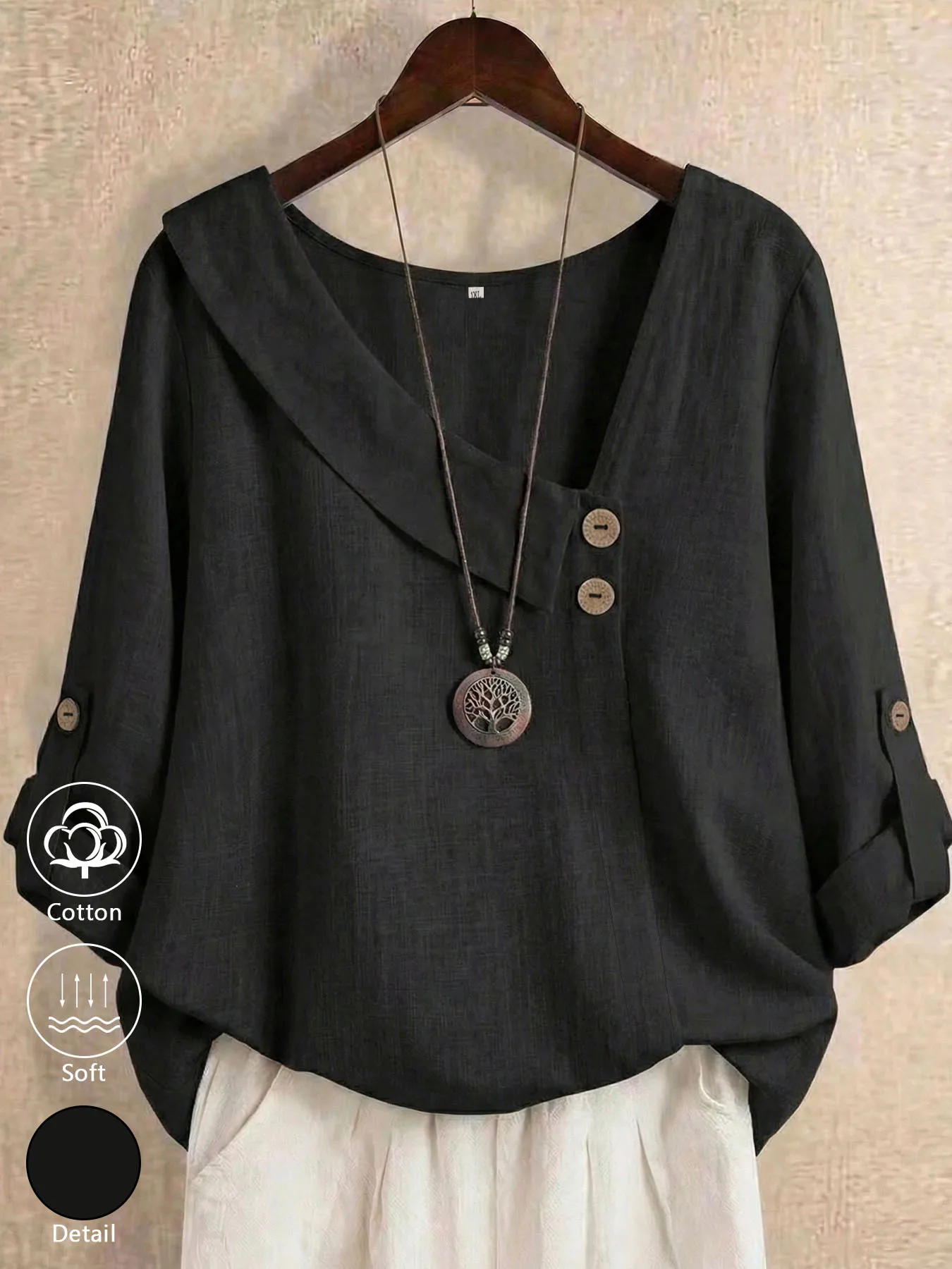 Women's Plus-Size 100% Cotton Loose-Fit V-Neck Shirt with Elegant Asymmetrical Folded Cuffs – A Versatile,Solid-Color Casual Top