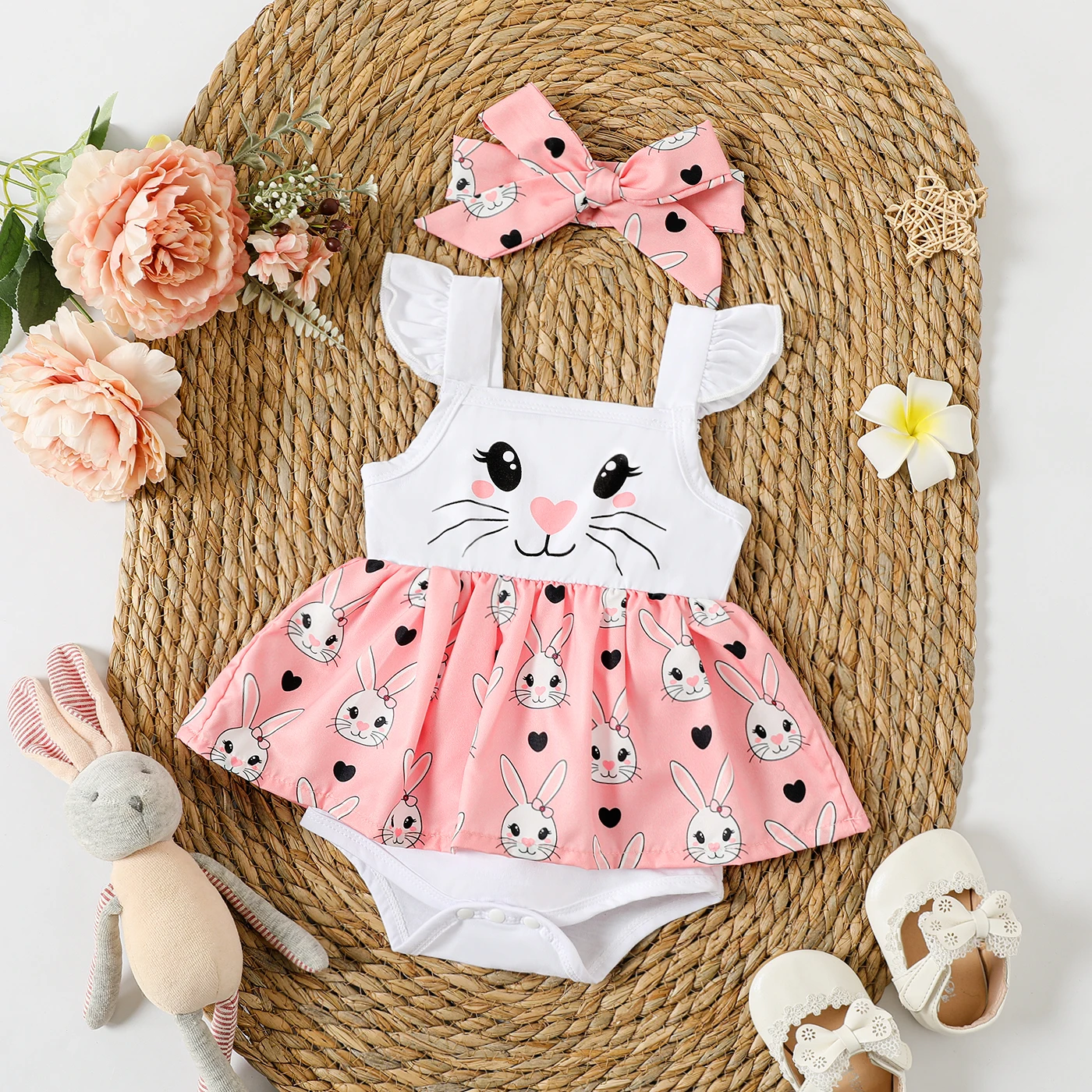 

PatPat 2pcs Baby Girl Rabbit Print Flutter-sleeve Faux-two Romper & Headband Set