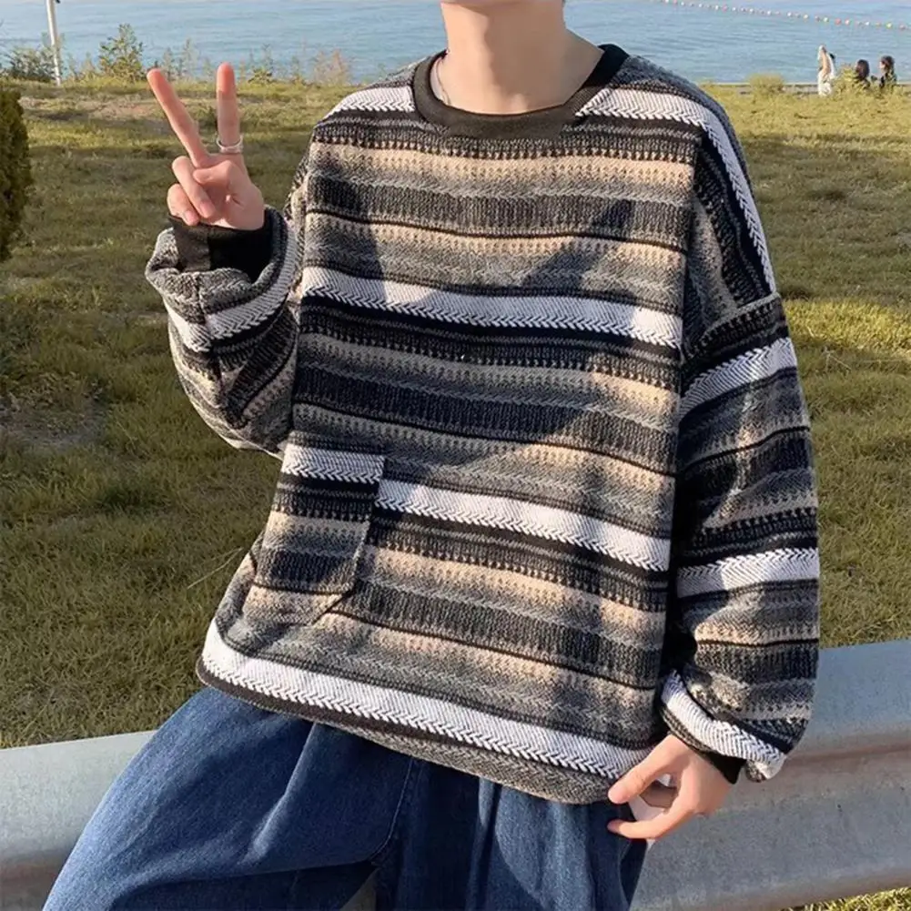 O-Neck Long Sleeves Shrinkable Cuffs Pocket Men Sweatshirt Korean Style Retro Striped Print Oversized Pullover Sweatshirt