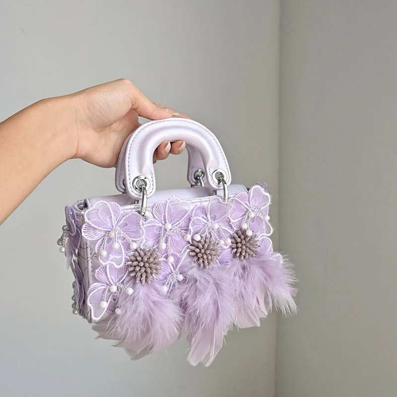 

Сладкий цветок, бисер, перо, кружево, универсальная модная модная сумка через плечо, маленькая квадратная сумка