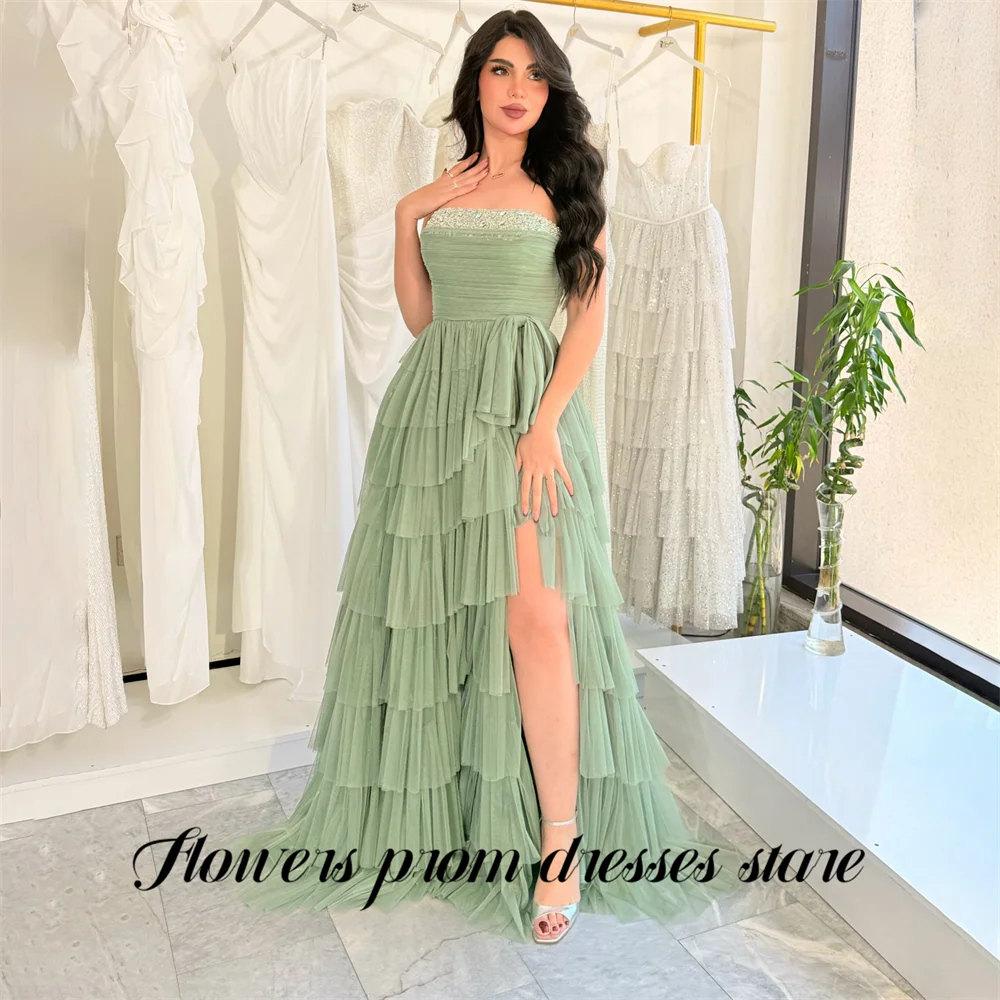 Flowers Mint Green Party Dresses Strapless Evening Dresses Beading On Chest Prom Gown Layered فساتين سهره Customized