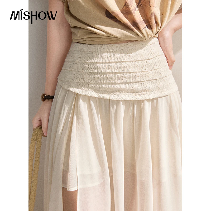 MISHOW New Irregular Lace Splice Chiffon Skirts 2026 Summer High Waist Slit Pleated Design French Style Long Skirts MXF24B2505